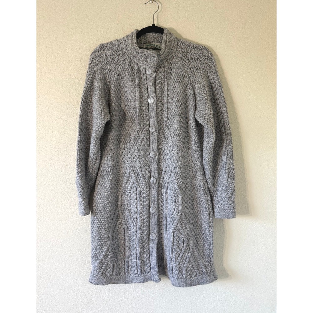 Aran Crafts Ireland 100% Merino Wool Longline Cable Knit Cardigan Sweater Grey M
